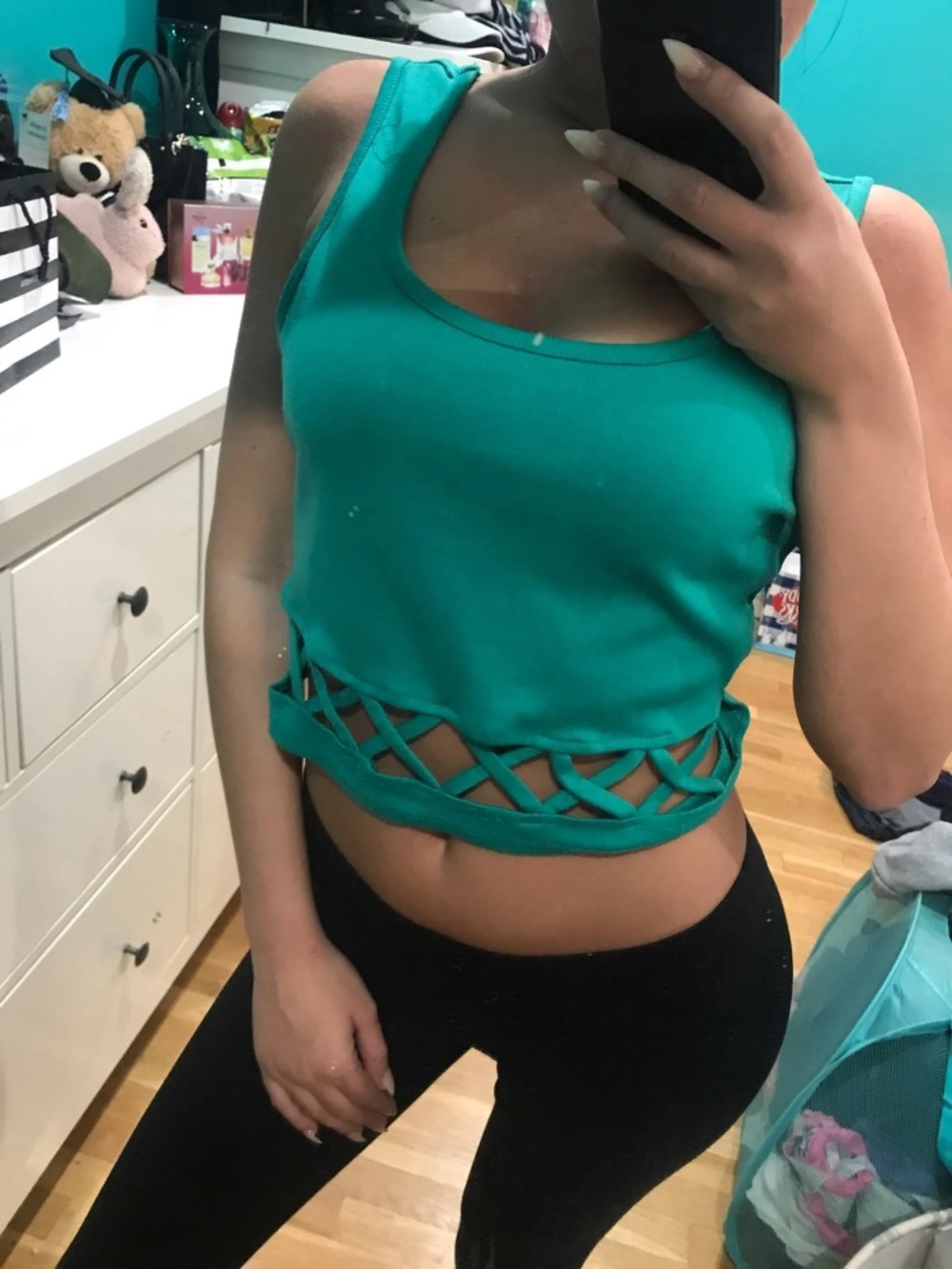 Charlotte Russe Teal Lattice-Hem Crop Tank